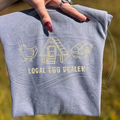 Blue jean embroidered egg dealer tshirt