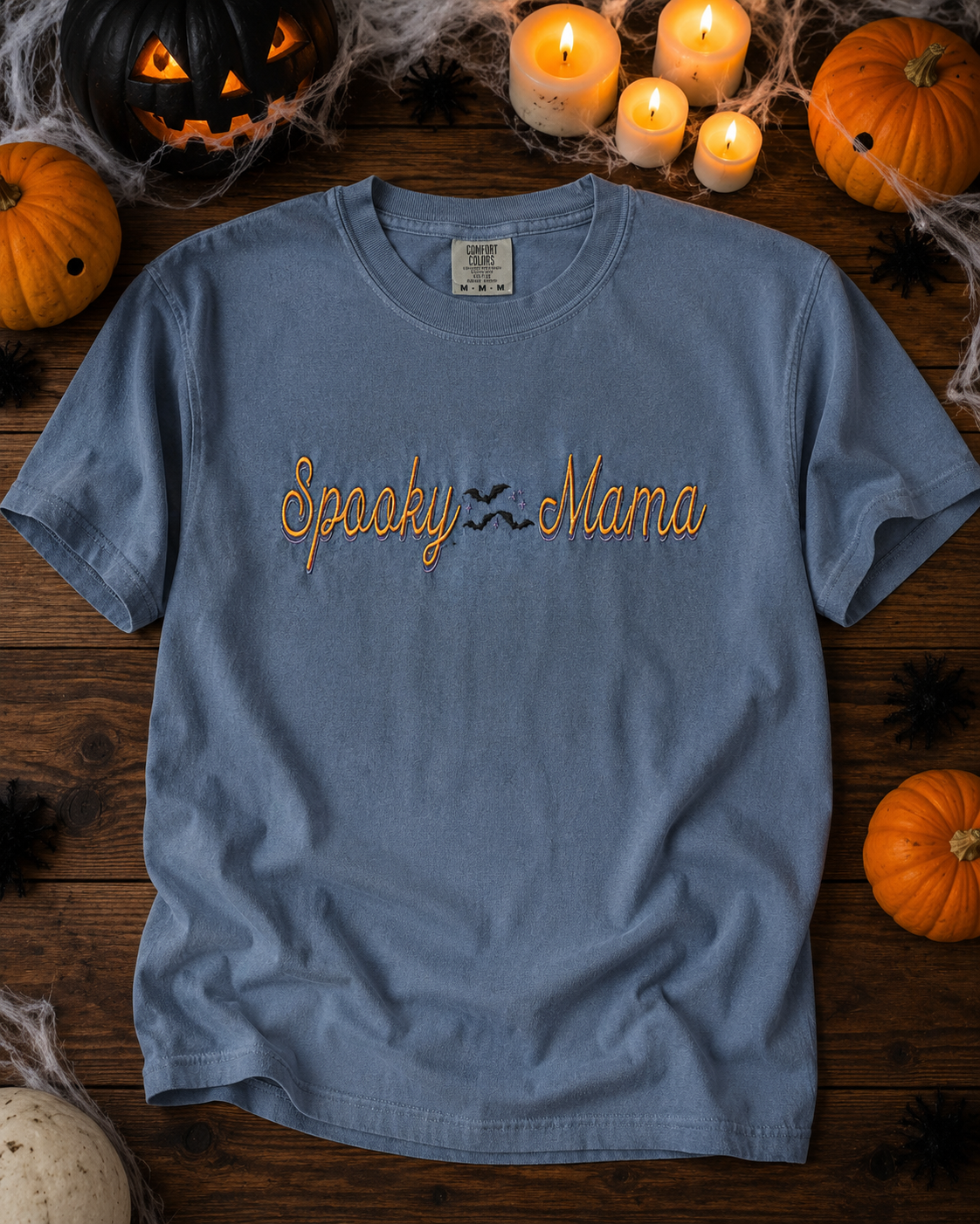 Blue Jean Comfort Colors Spooky Mama embroidered Halloween shirt flat lay