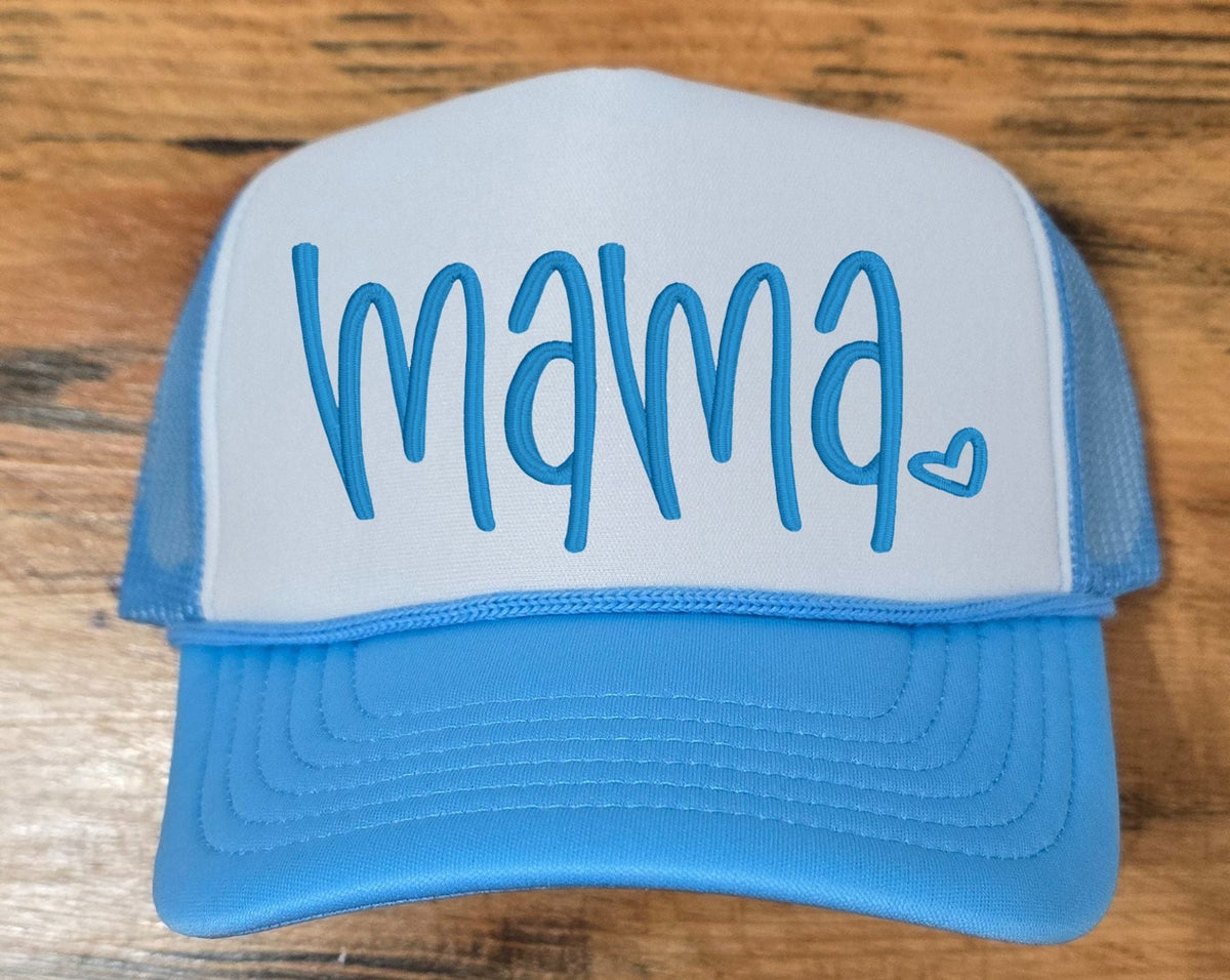Blue Mama Heart embroidered hat with hand-lettered mom design