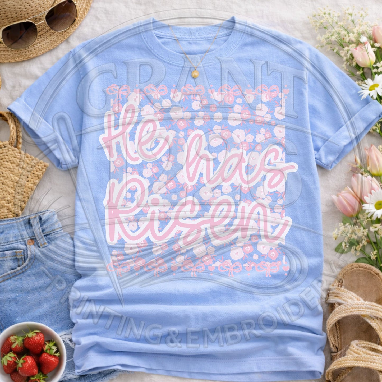 Light blue floral Christian Easter shirt