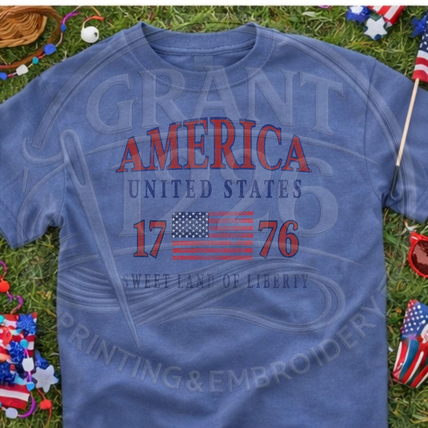 Outdoor lifestyle photo of patriotic America 1776 shirt with vintage distressed USA graphic