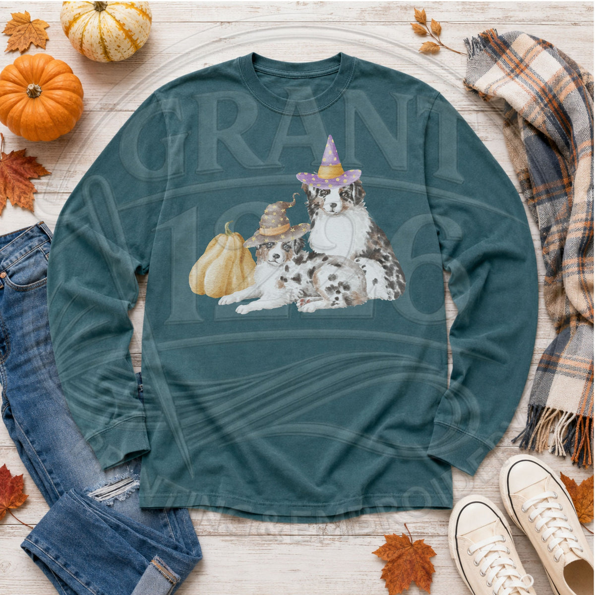Blue Spruce Australian Shepherd witch dog Halloween long sleeve flat lay