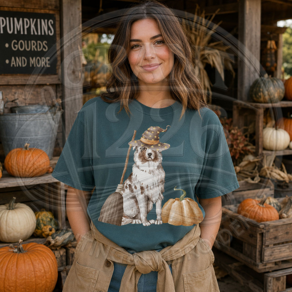 Blue Spruce Australian Shepherd witch Halloween shirt on model at pumpkin patch