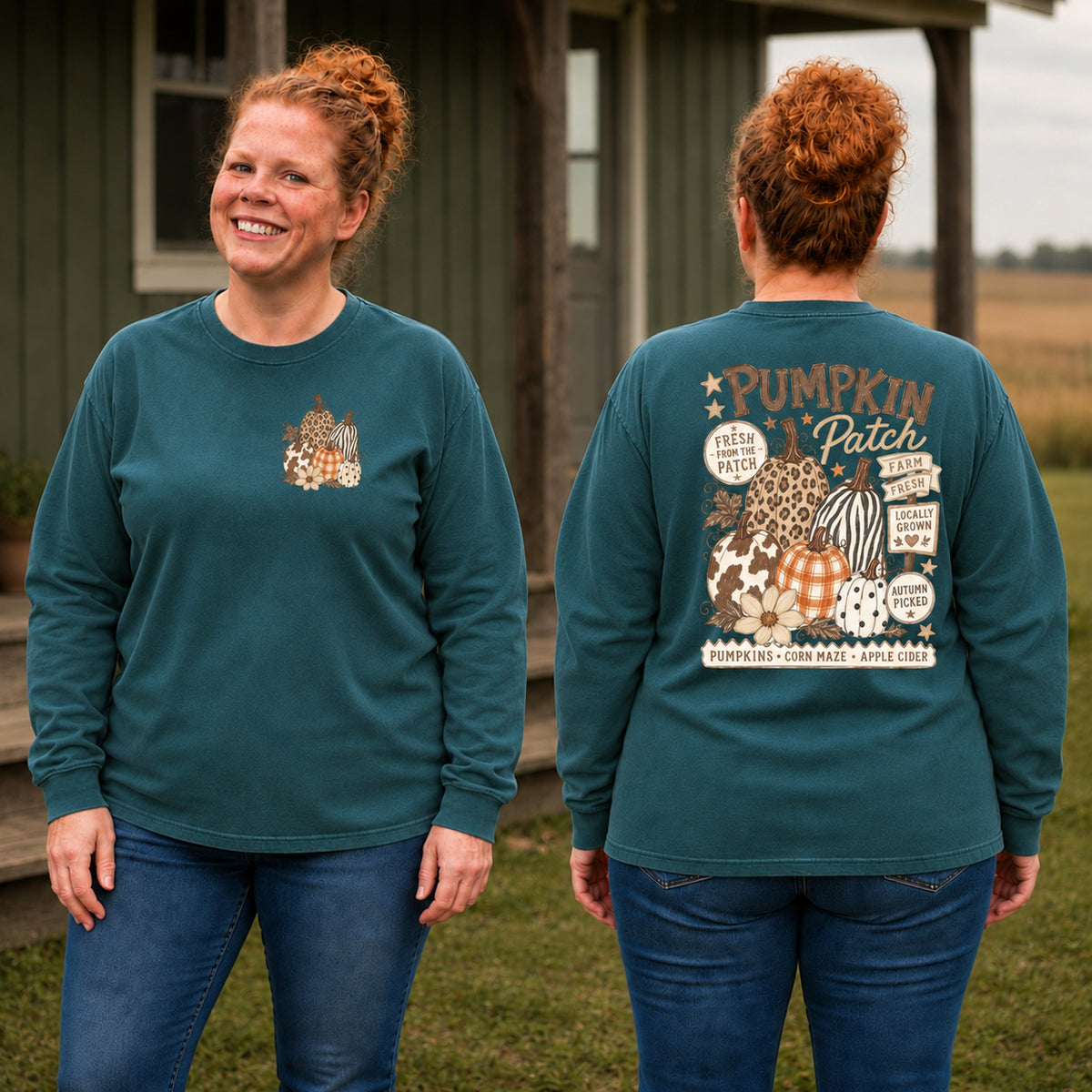 Blue Spruce Comfort Colors 6014 long sleeve Pumpkin Patch shirt shown from the front and back.