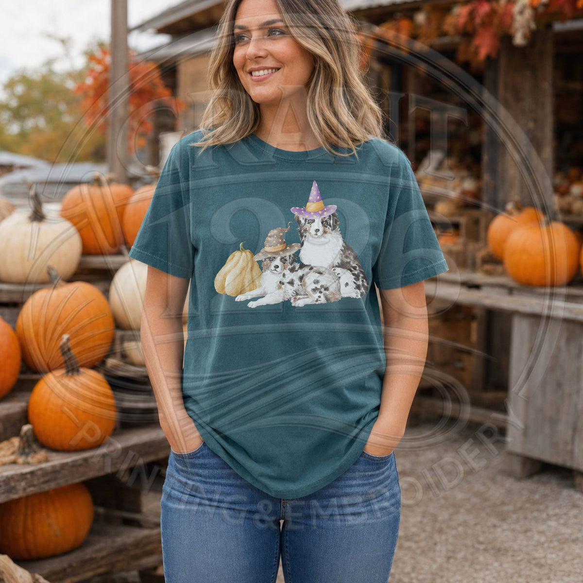 Blue Spruce Australian Shepherd witch dog Halloween short sleeve shirt with pumpkin