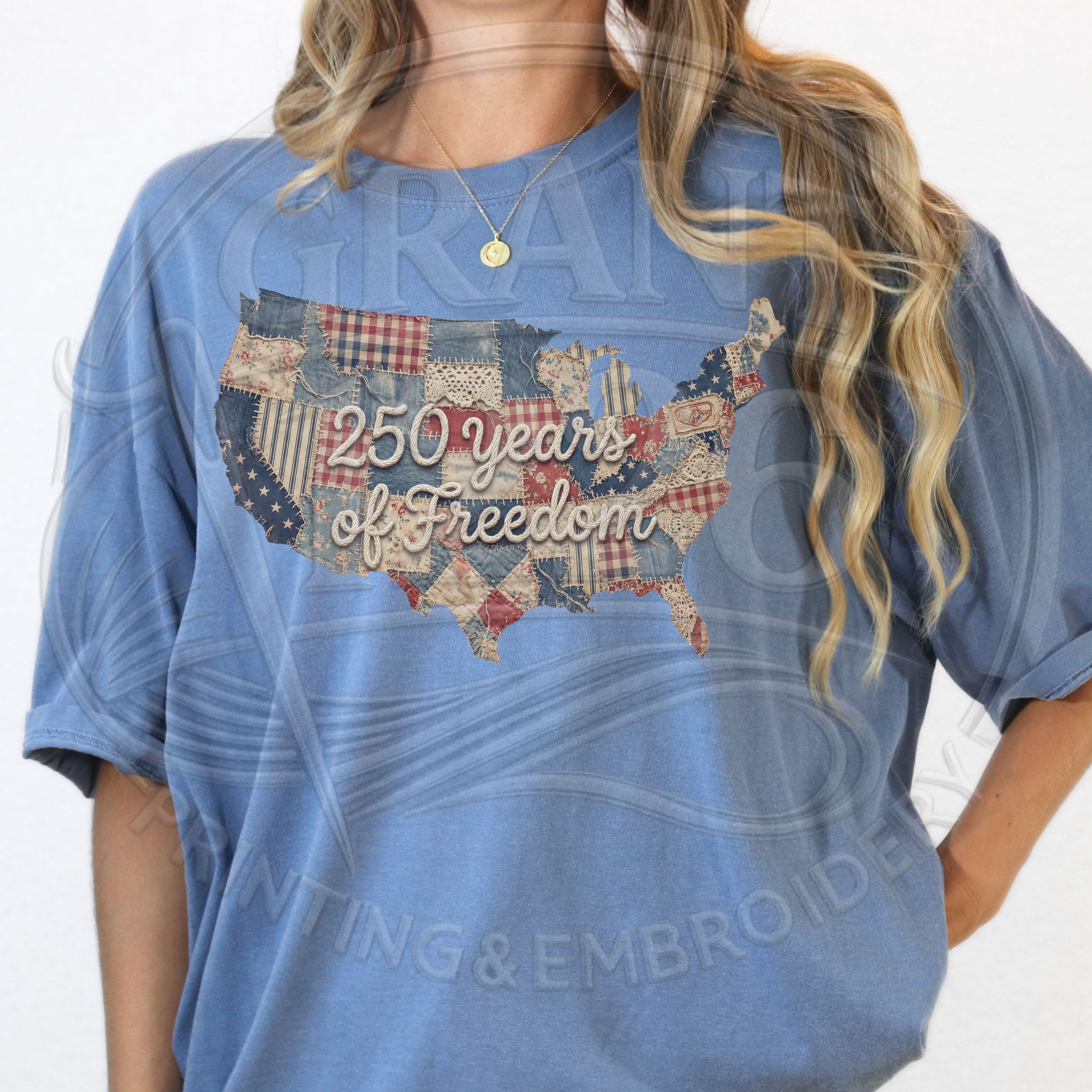 Woman wearing 250 years of freedom patriotic shirt