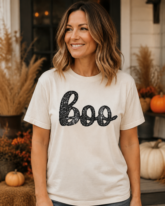 Black sequin Boo appliqué on an Ivory Comfort Colors 1717 short sleeve Halloween shirt