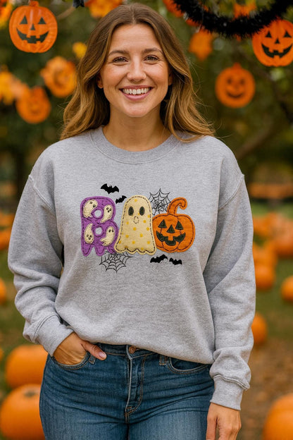 BOO Halloween DTG sweatshirt with ghost and pumpkin graphic