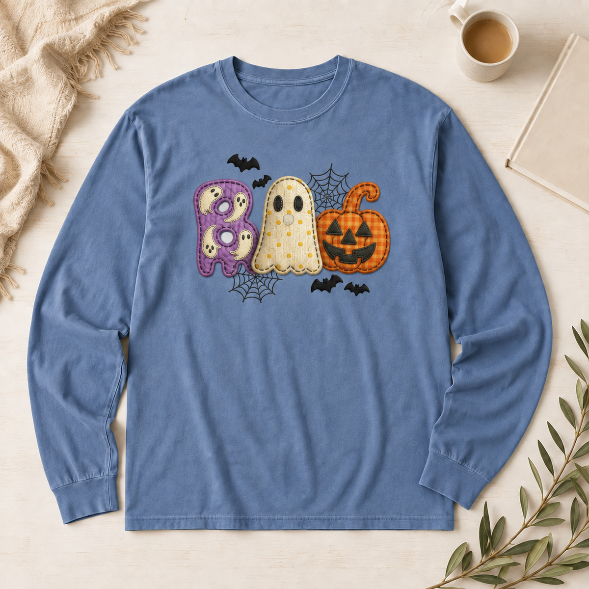 Blue Jean Comfort Colors 6014 long sleeve BOO Halloween shirt with ghost, jack-o-lantern, bats and spiderwebs