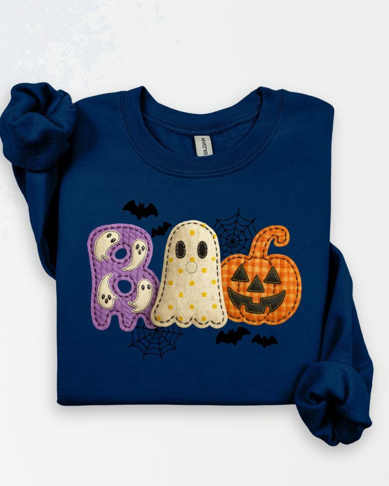 Close product view of the printed BOO Halloween sweatshirt design