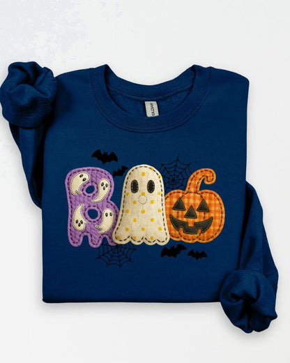 Close product view of the printed BOO Halloween sweatshirt design