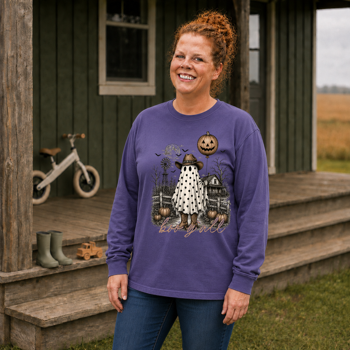Boo Y'all cowboy ghost Halloween shirt in Violet Comfort Colors 6014 long sleeve