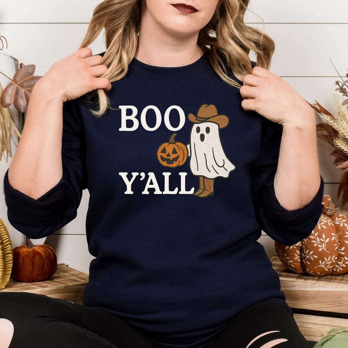 Navy Boo Y'all cowboy ghost embroidered sweatshirt lifestyle view