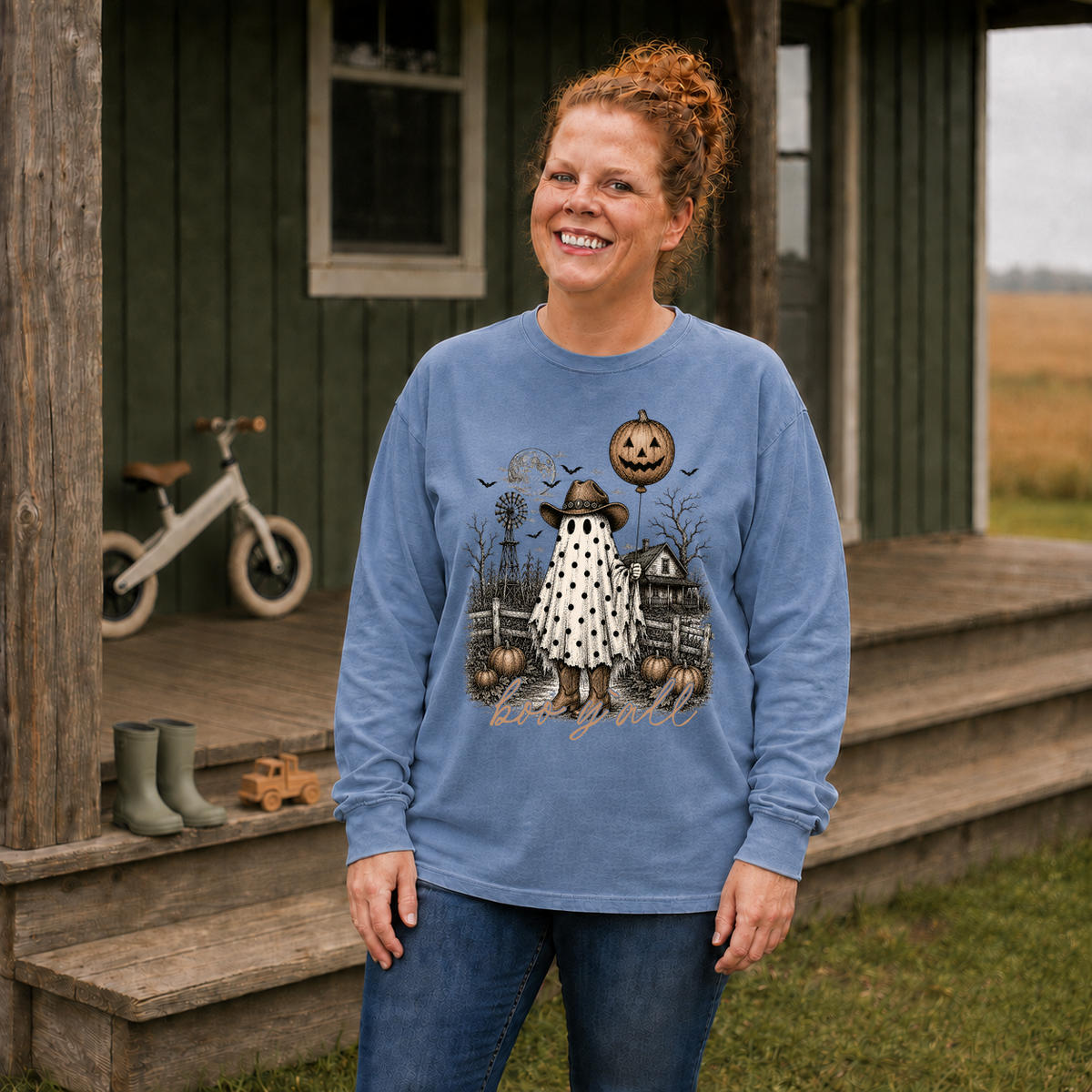 Boo Y'all cowgirl ghost shirt in Blue Jean Comfort Colors 6014 long sleeve