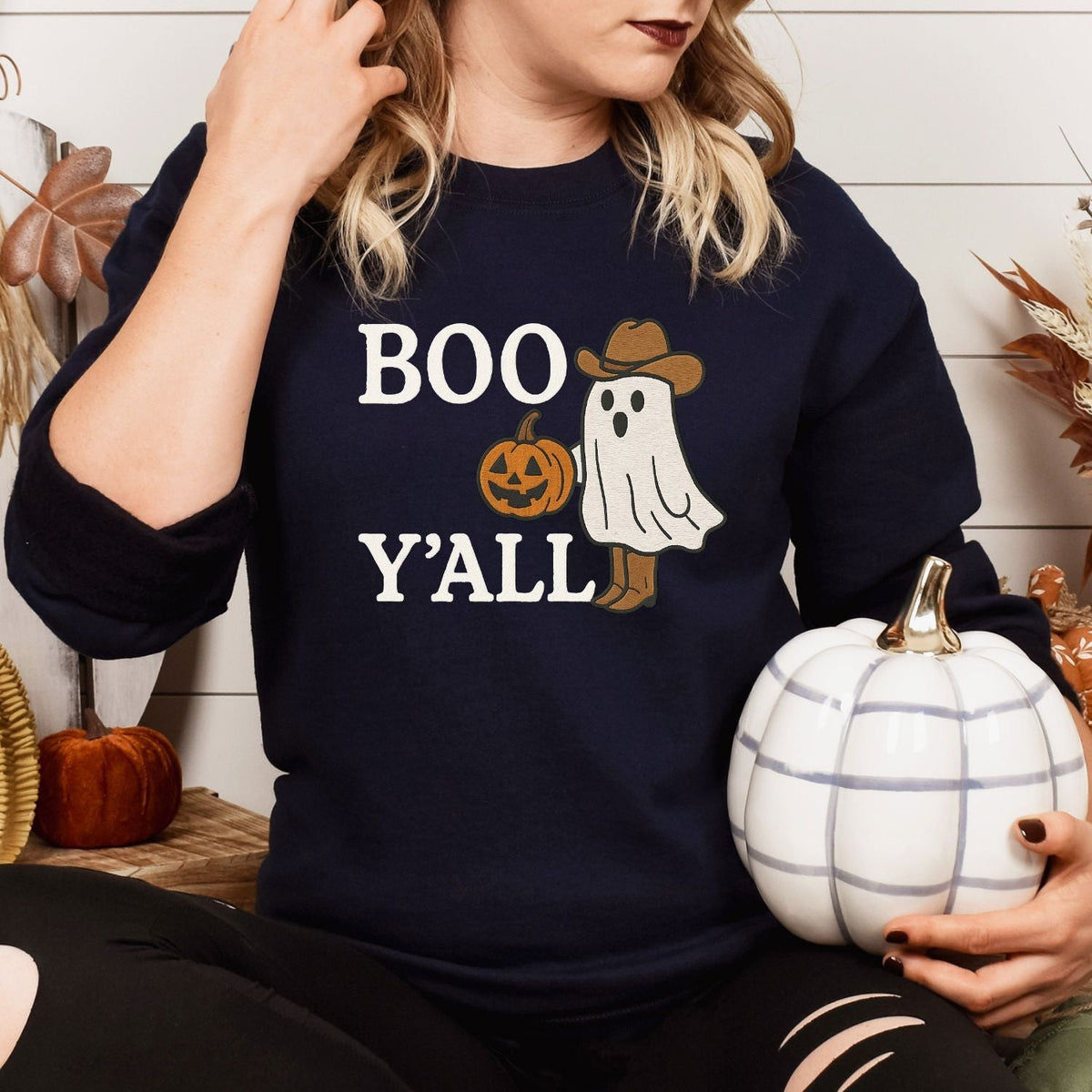 Navy Boo Y'all embroidered sweatshirt styled with a white pumpkin