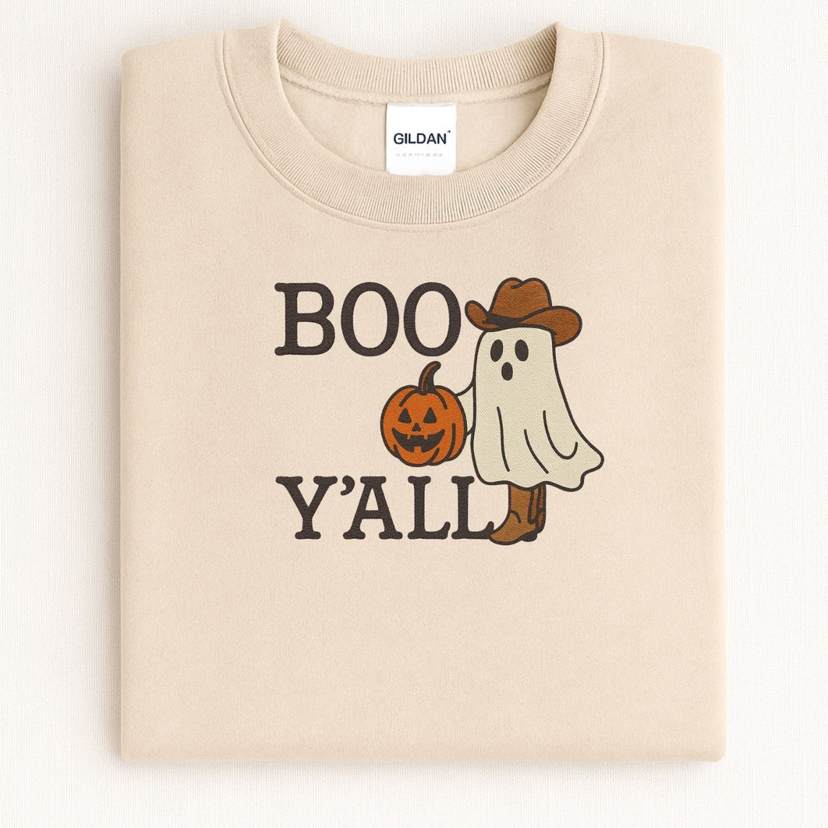 Folded Sand sweatshirt with Boo Y'all cowboy ghost embroidery