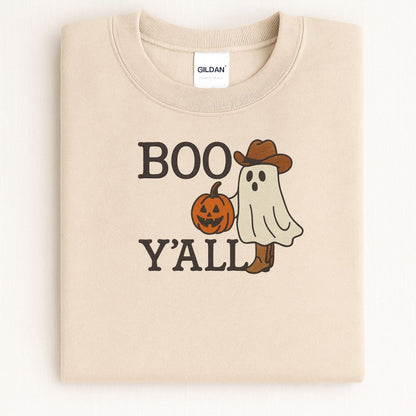 Folded Sand sweatshirt with Boo Y'all cowboy ghost embroidery