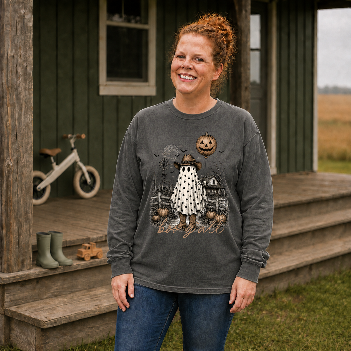 Boo Y'all Halloween ghost shirt in Pepper Comfort Colors 6014 long sleeve
