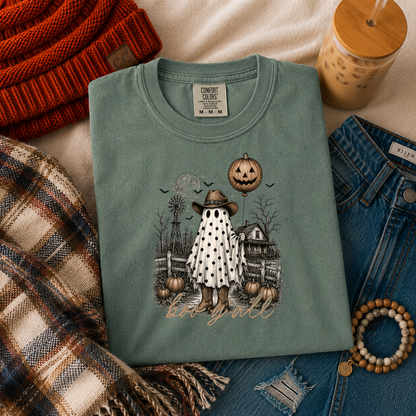 Boo Y'all western ghost Halloween shirt in Blue Spruce Comfort Colors flat lay