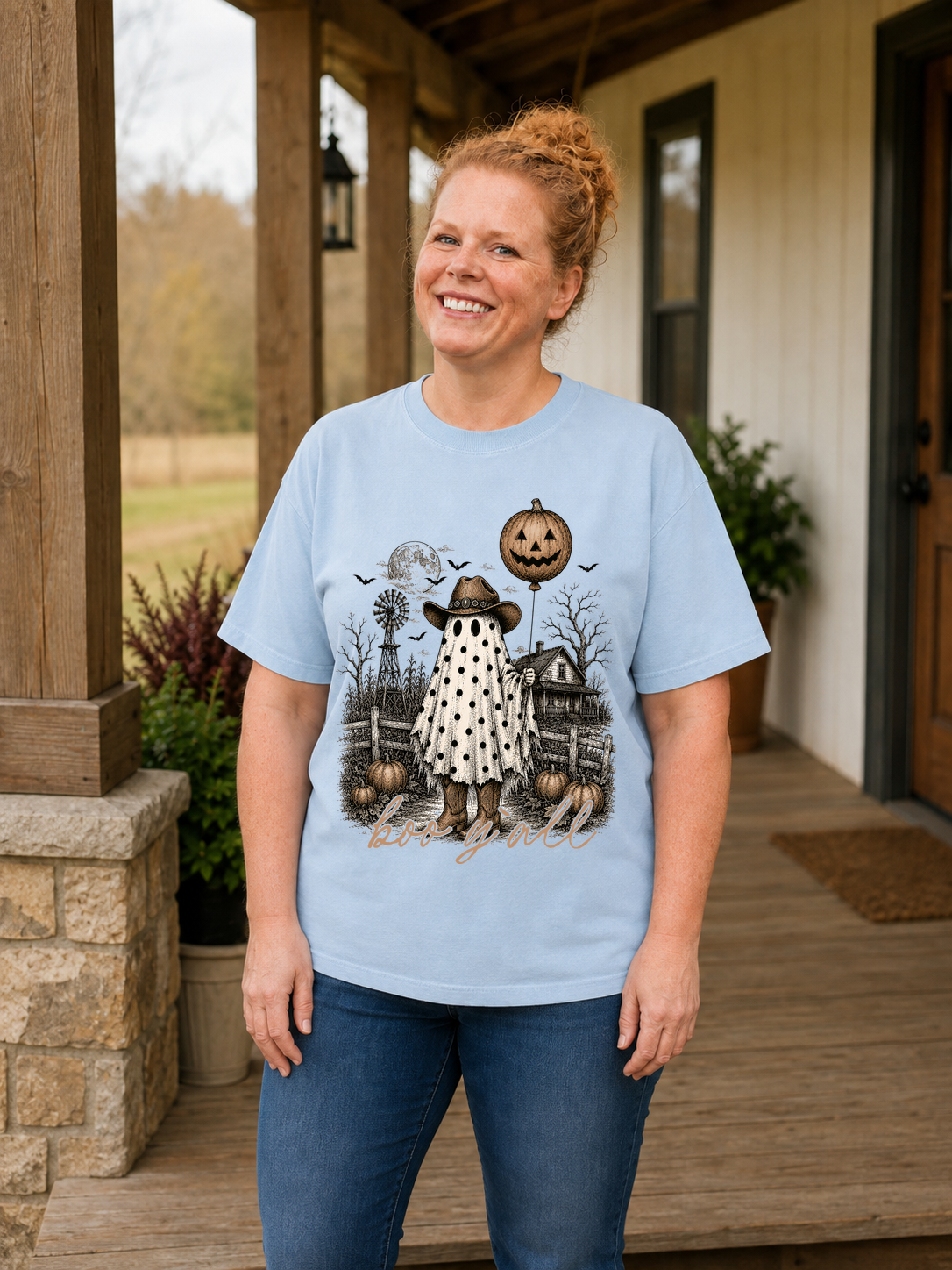 Boo Y'all western ghost shirt in Chambray Comfort Colors 1717 short sleeve