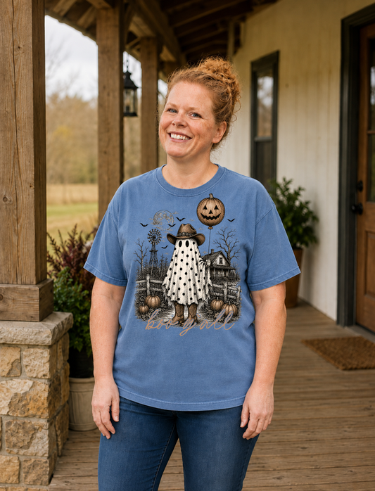 Boo Y'all western ghost Halloween shirt in Blue Jean Comfort Colors 1717 short sleeve