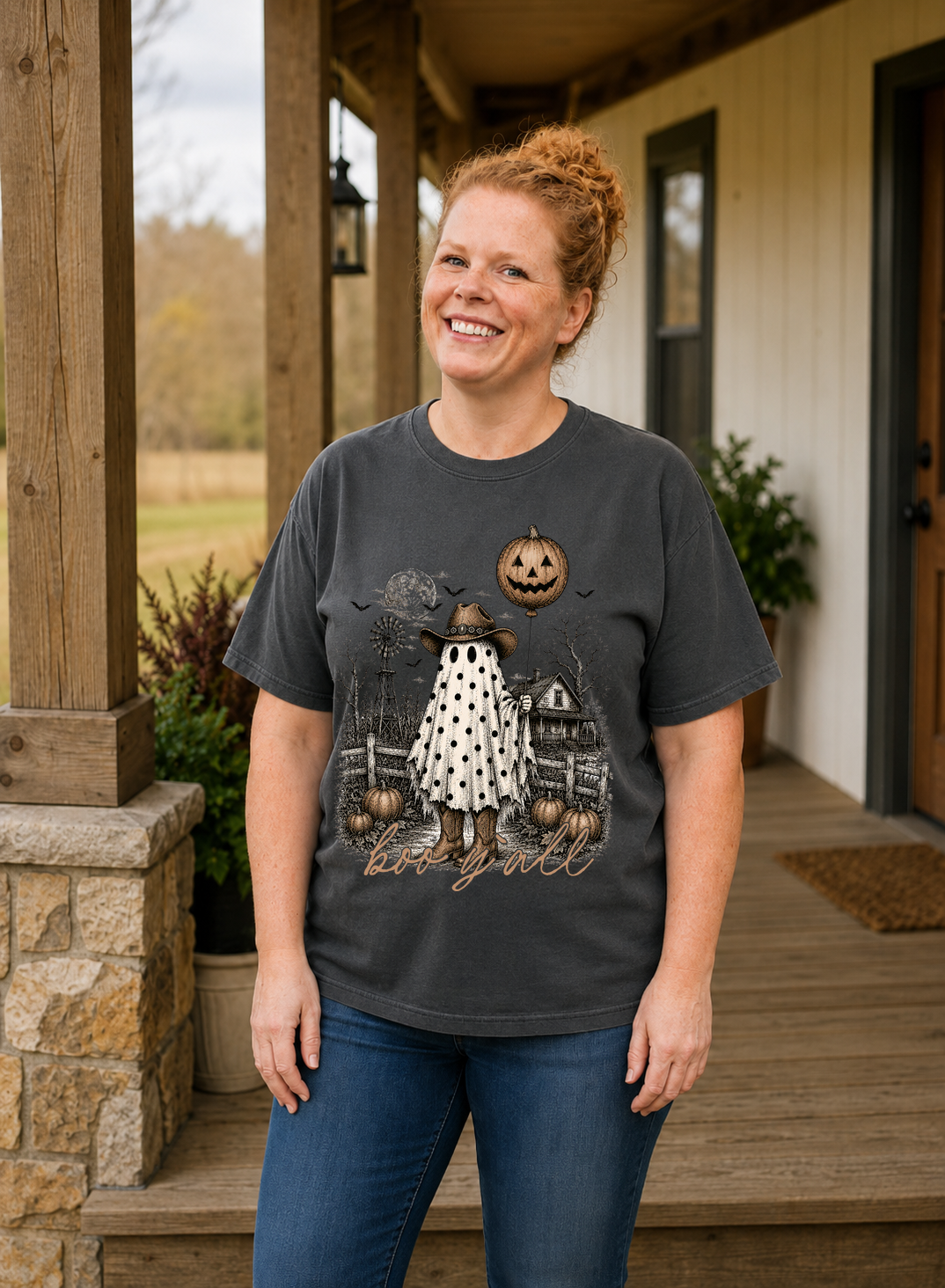 Boo Y'all western Halloween graphic shirt in Pepper Comfort Colors 1717