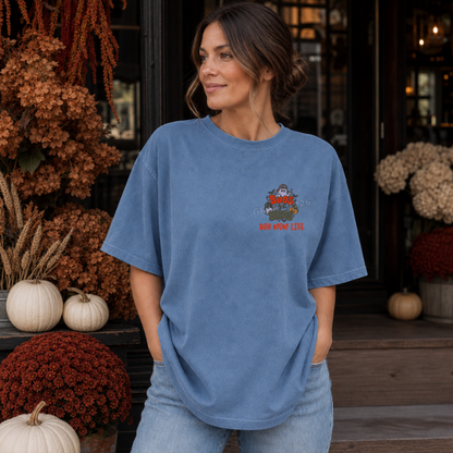 Blue Jean Comfort Colors Boos and Bros embroidered Halloween shirt in a moody fall lifestyle setting