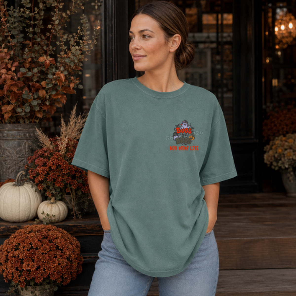Blue Spruce Comfort Colors Boos and Bros boy mom Halloween embroidered shirt lifestyle mockup