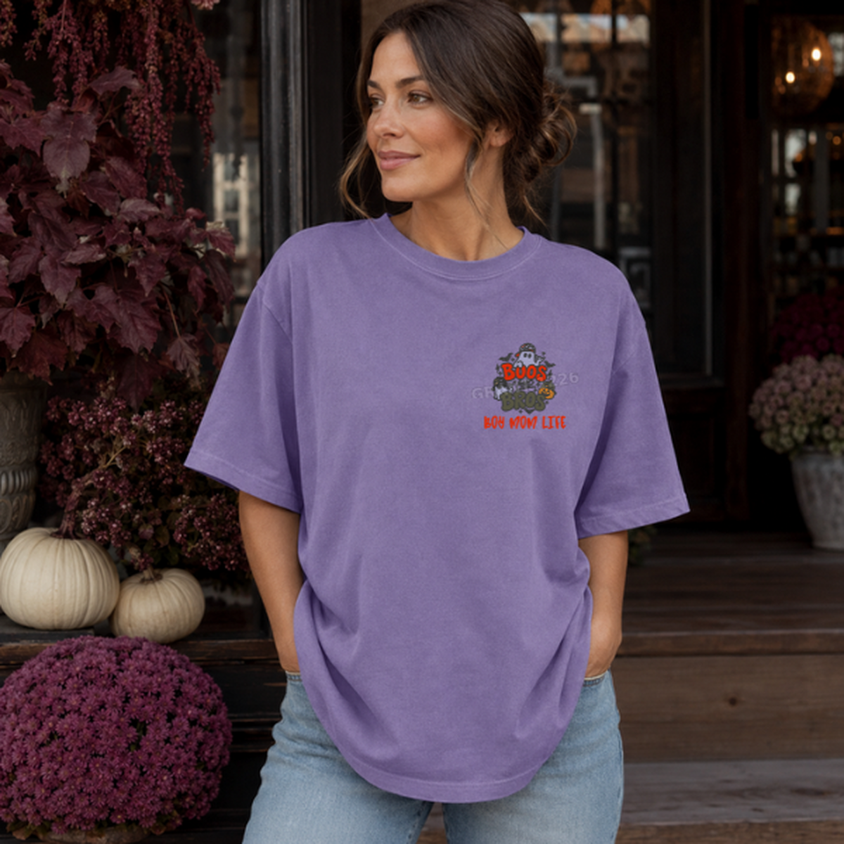 Grape Comfort Colors embroidered Boos and Bros boy mom Halloween shirt in a fall lifestyle setting