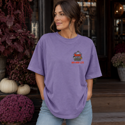Grape Comfort Colors embroidered Boos and Bros boy mom Halloween shirt in a fall lifestyle setting