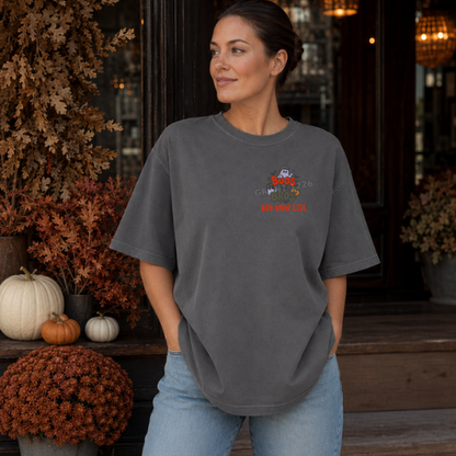 Pepper Comfort Colors Boos and Bros embroidered Halloween shirt shown on a woman in a fall setting