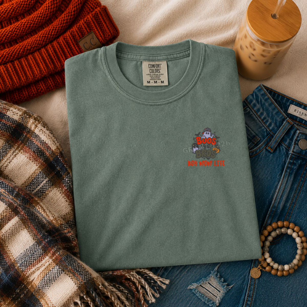 Blue Spruce Comfort Colors Boos and Bros Halloween embroidery folded flat lay