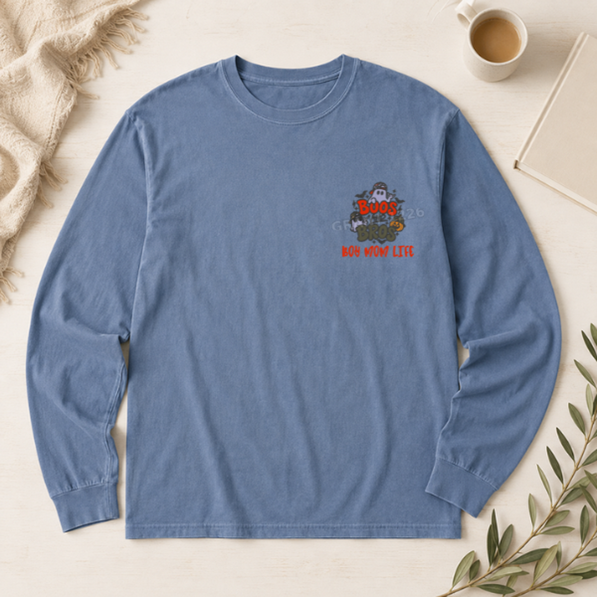 Blue Jean Comfort Colors long sleeve Boos and Bros embroidered Halloween shirt flat lay