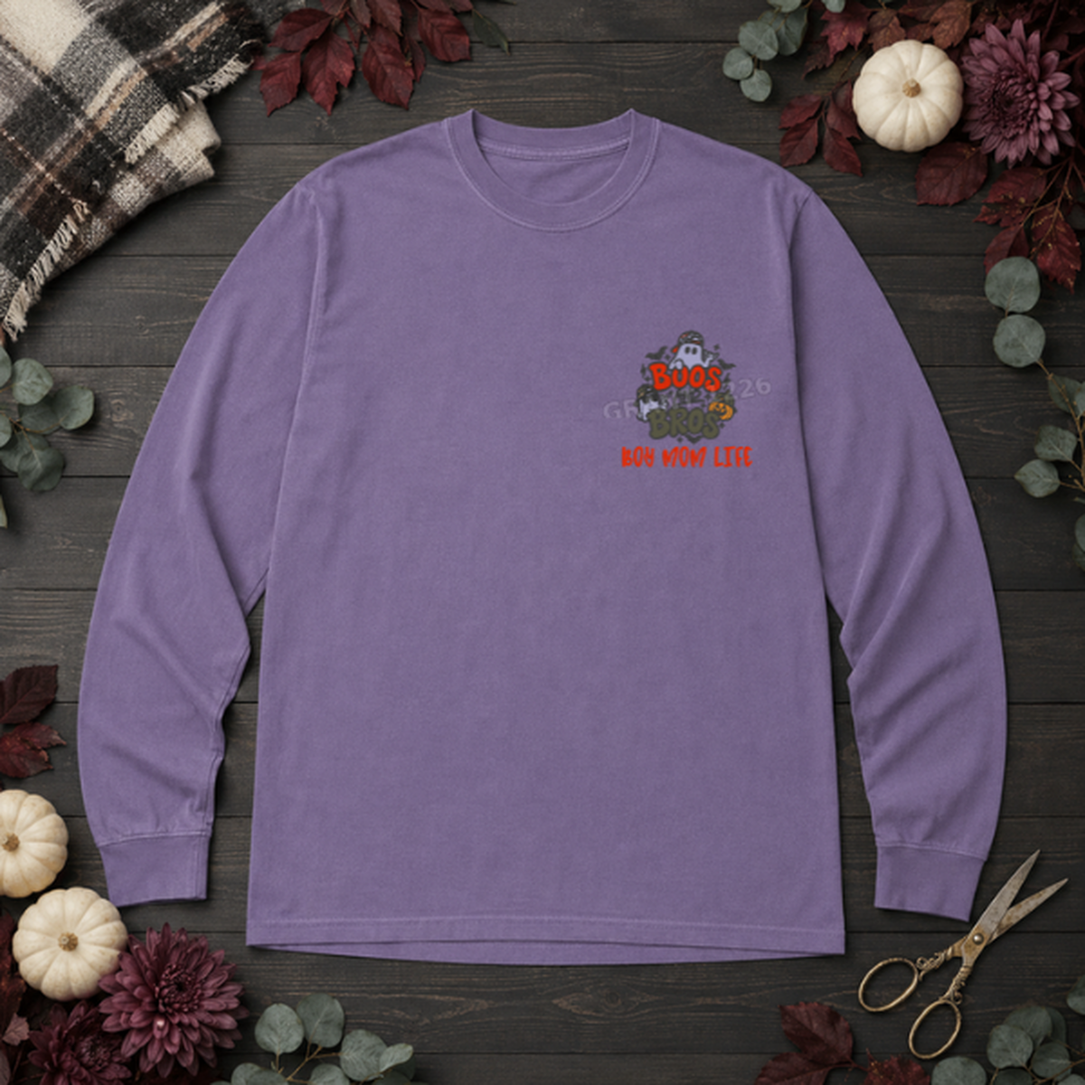 Grape Comfort Colors long sleeve Boos and Bros boy mom Halloween embroidered shirt flat lay