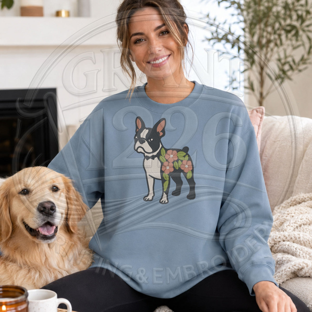 Stone blue floral Boston Terrier embroidered crewneck sweatshirt lifestyle image