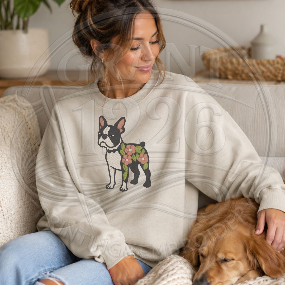 Sand floral Boston Terrier embroidered crewneck sweatshirt close lifestyle image