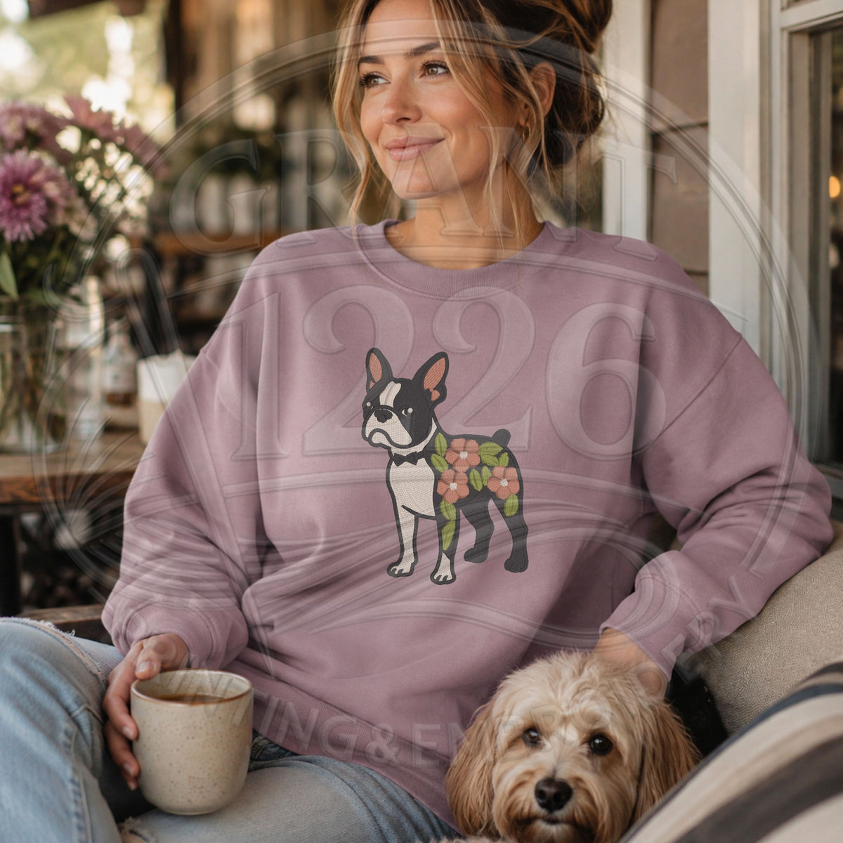 Paragon floral Boston Terrier embroidered crewneck sweatshirt lifestyle image