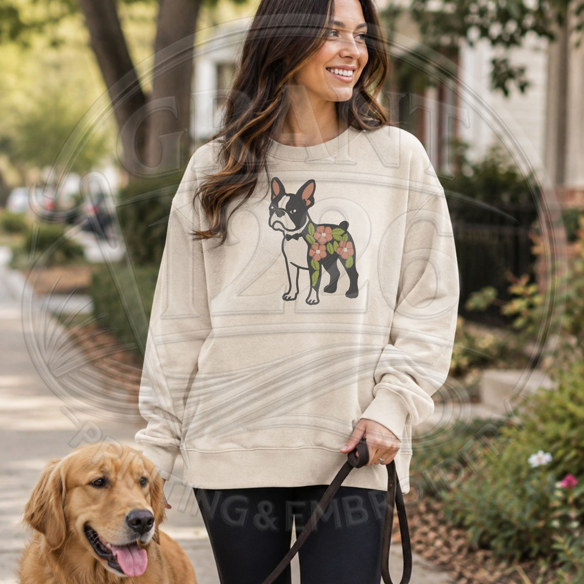 Sand floral Boston Terrier embroidered crewneck sweatshirt outdoor lifestyle image