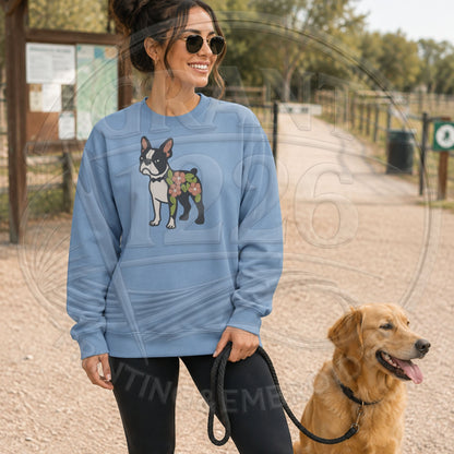 Stone blue floral Boston Terrier embroidered crewneck sweatshirt dog walking lifestyle image