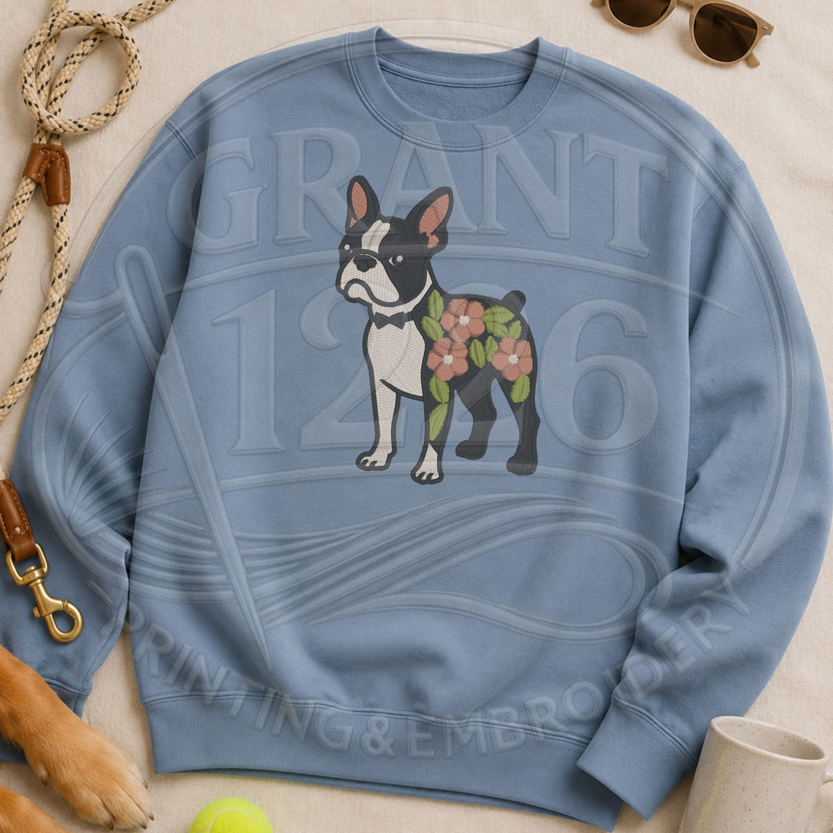 Stone blue floral Boston Terrier embroidered crewneck sweatshirt flat lay