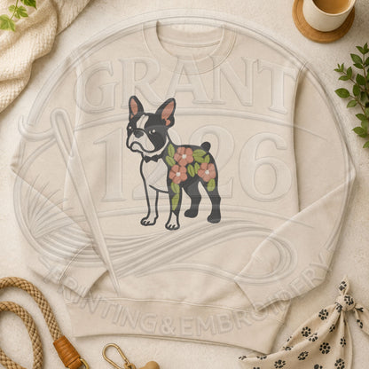 Sand floral Boston Terrier embroidered crewneck sweatshirt flat lay