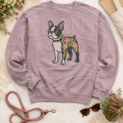 Paragon floral Boston Terrier embroidered crewneck sweatshirt flat lay