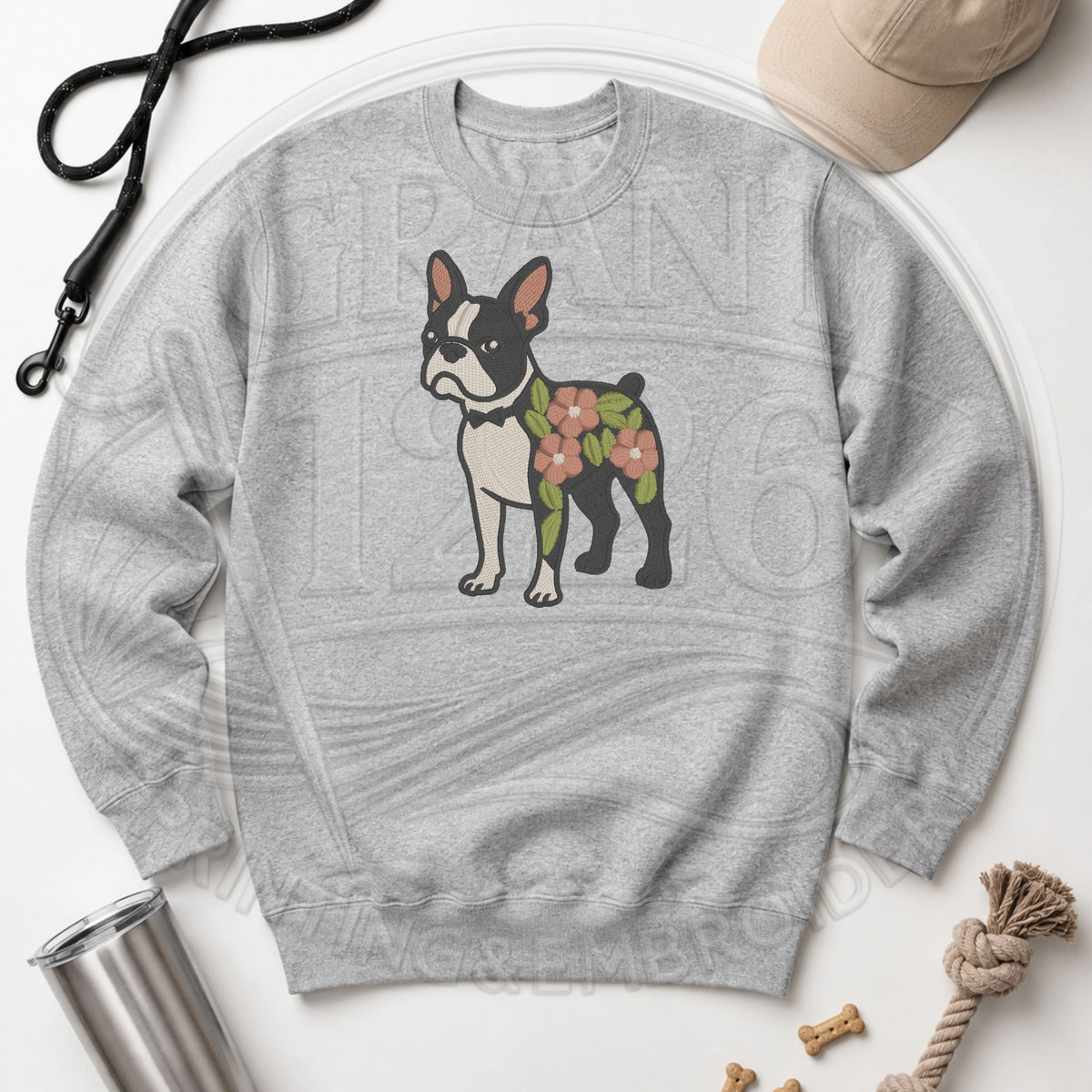 Ash floral Boston Terrier embroidered crewneck sweatshirt flat lay