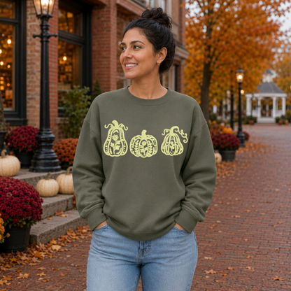 Woman wearing a Military Green Gildan Softstyle sweatshirt embroidered with a cream botanical pumpkin trio in a New England fall town square