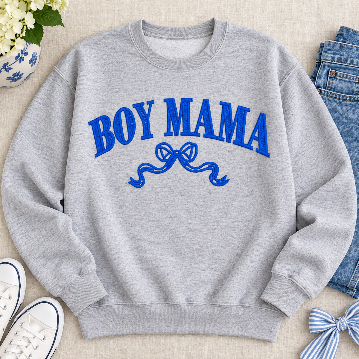Sport Grey Boy Mama embroidered crewneck sweatshirt with royal blue lettering and bow