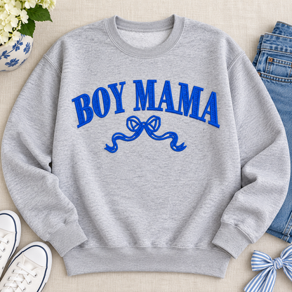 Sport Grey Boy Mama embroidered crewneck sweatshirt with royal blue lettering and bow