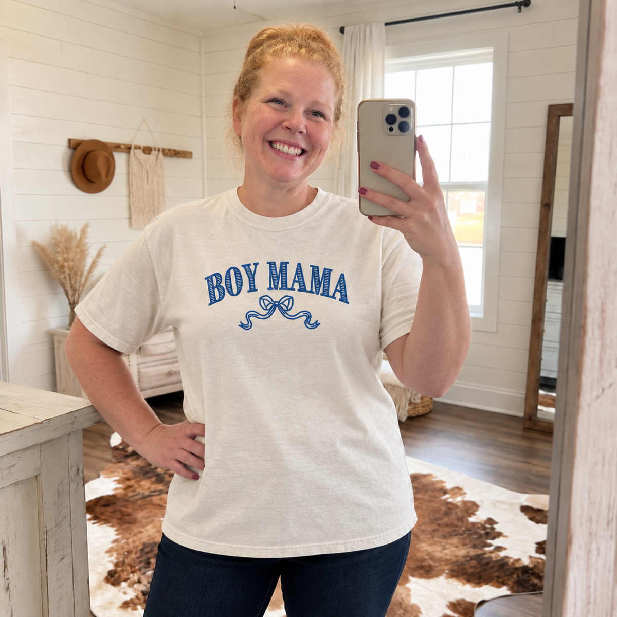 Woman modeling Ivory Comfort Colors embroidered Boy Mama shirt