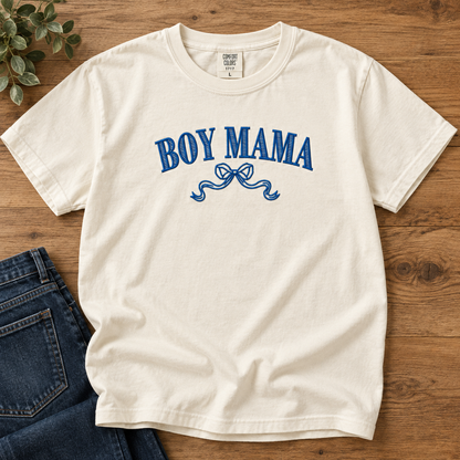 Ivory Comfort Colors Boy Mama embroidered shirt flat lay