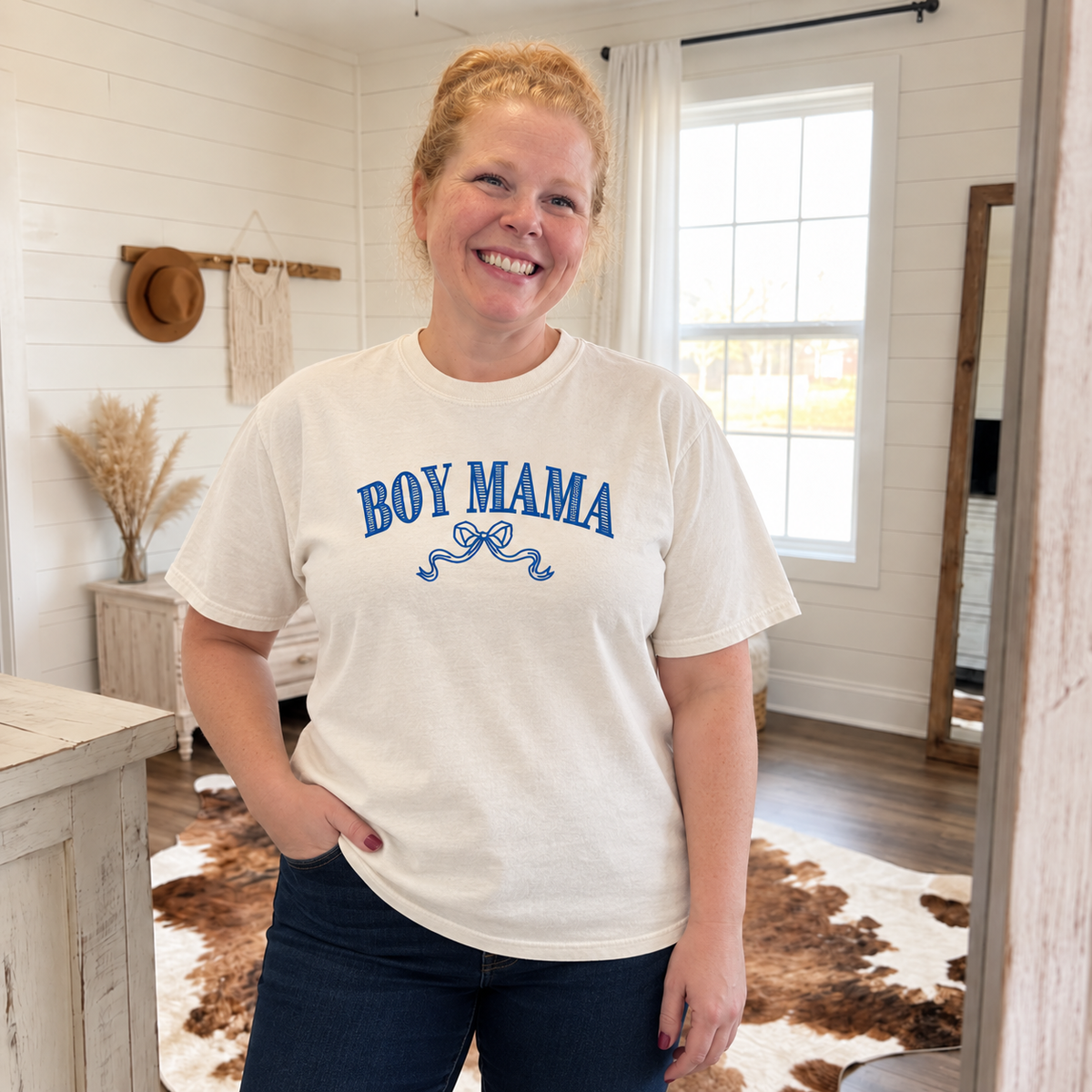 Ivory embroidered Boy Mama Comfort Colors shirt lifestyle view