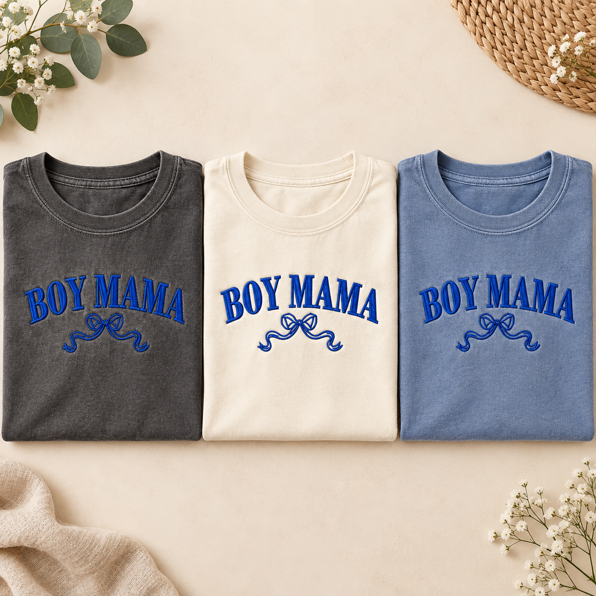 Boy Mama royal blue embroidery on Pepper Ivory and Blue Jean shirts